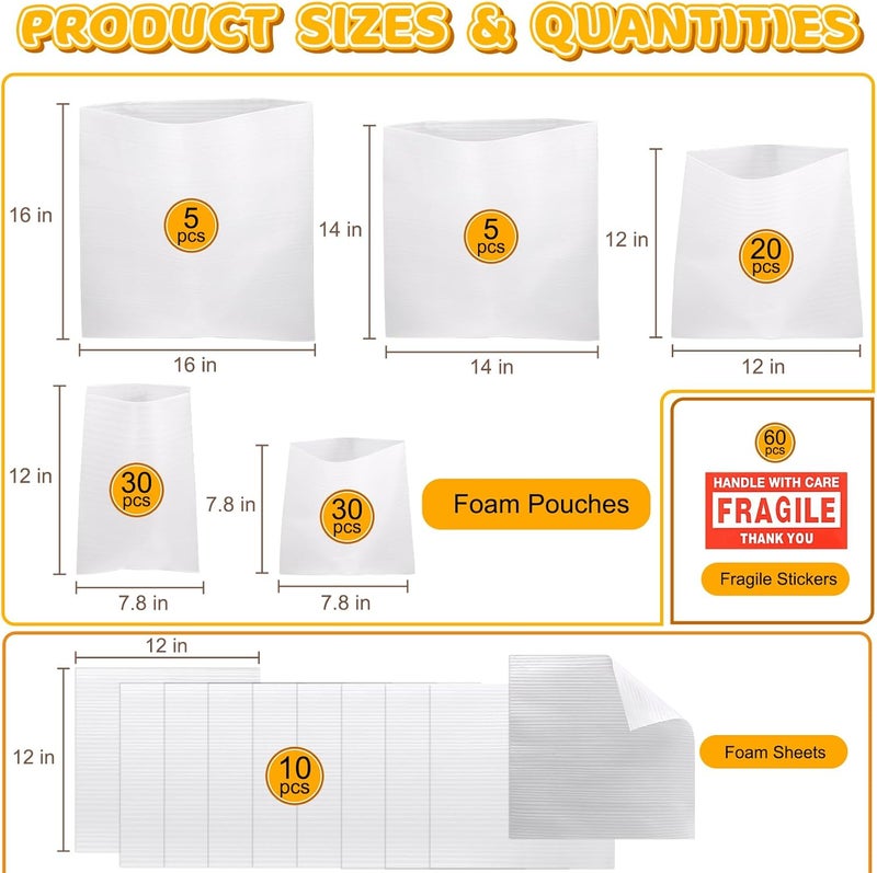 VIOBEPASS 160 Pcs Packing Moving Foam Pouches & Sheets, 5 Sizes Cushion Foam Wrap Pouches with Fragile Stickers for Protect Dishes Cup Glasses Storage Supplies (7.8X7.8", 7.8X12", 12X12", 14X14", 16X16") - Image 2